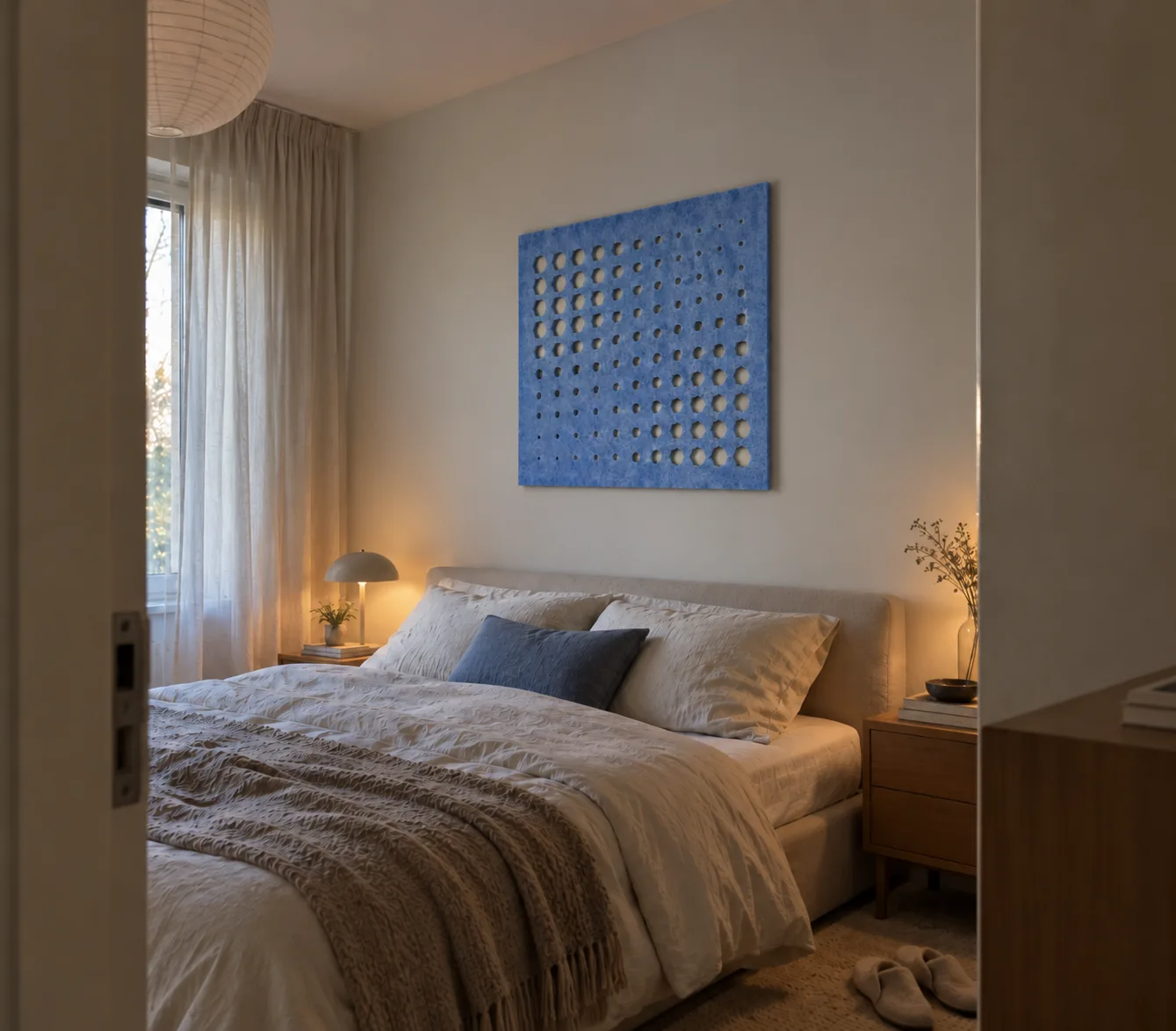 Blauw viltpaneel in een slaapkamer
