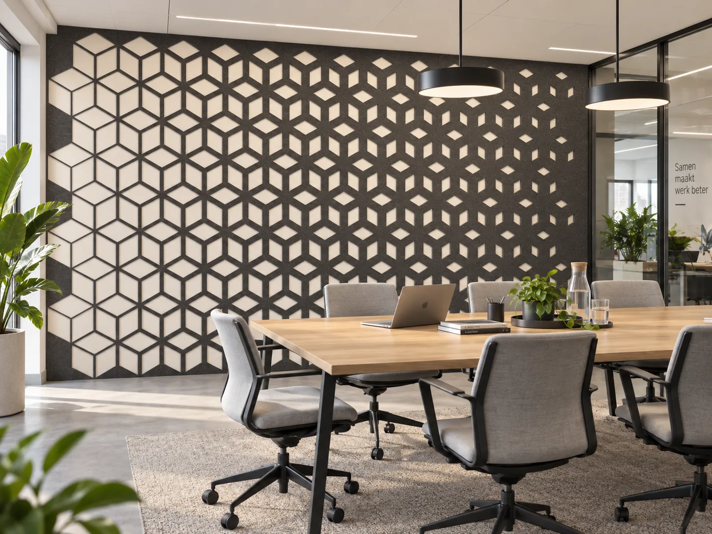 Wandbekleding met kubuspatroon in een boardroom