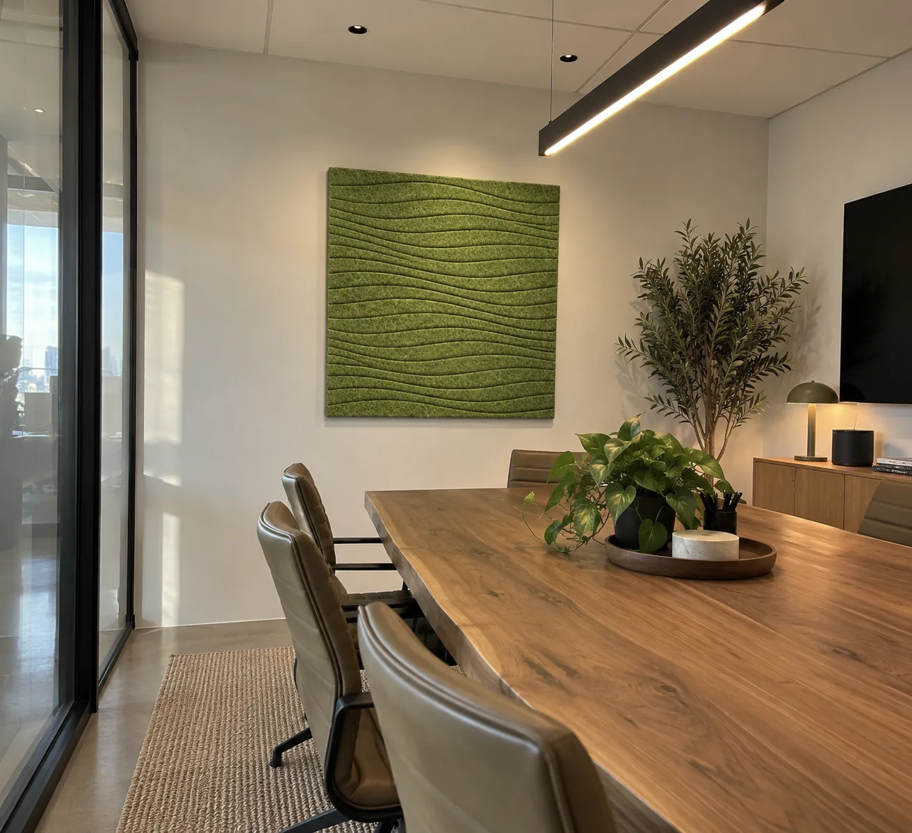 Golvend viltpaneel in olijfgroen in een boardroom