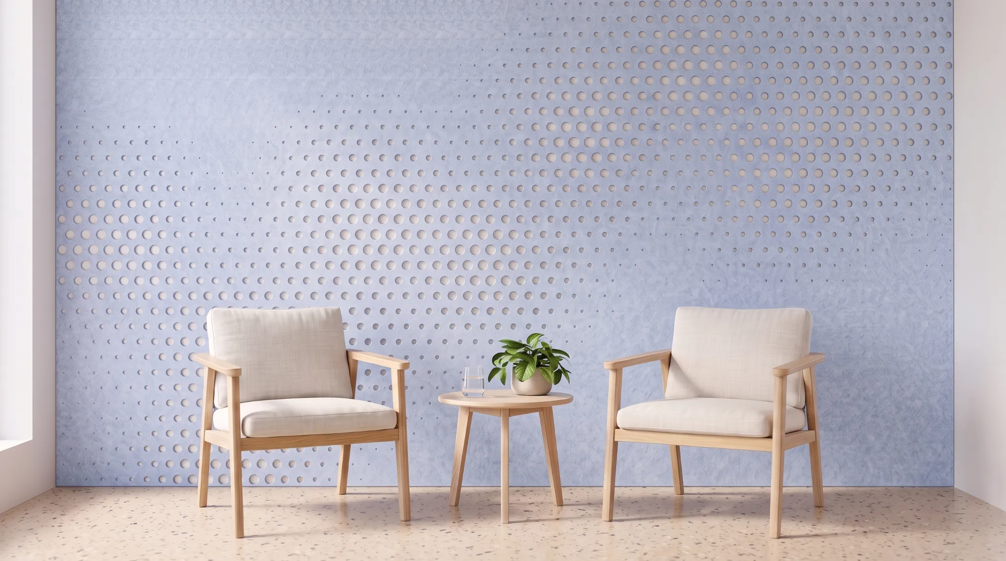 Wandbekleding in blauw vilt in een lounge