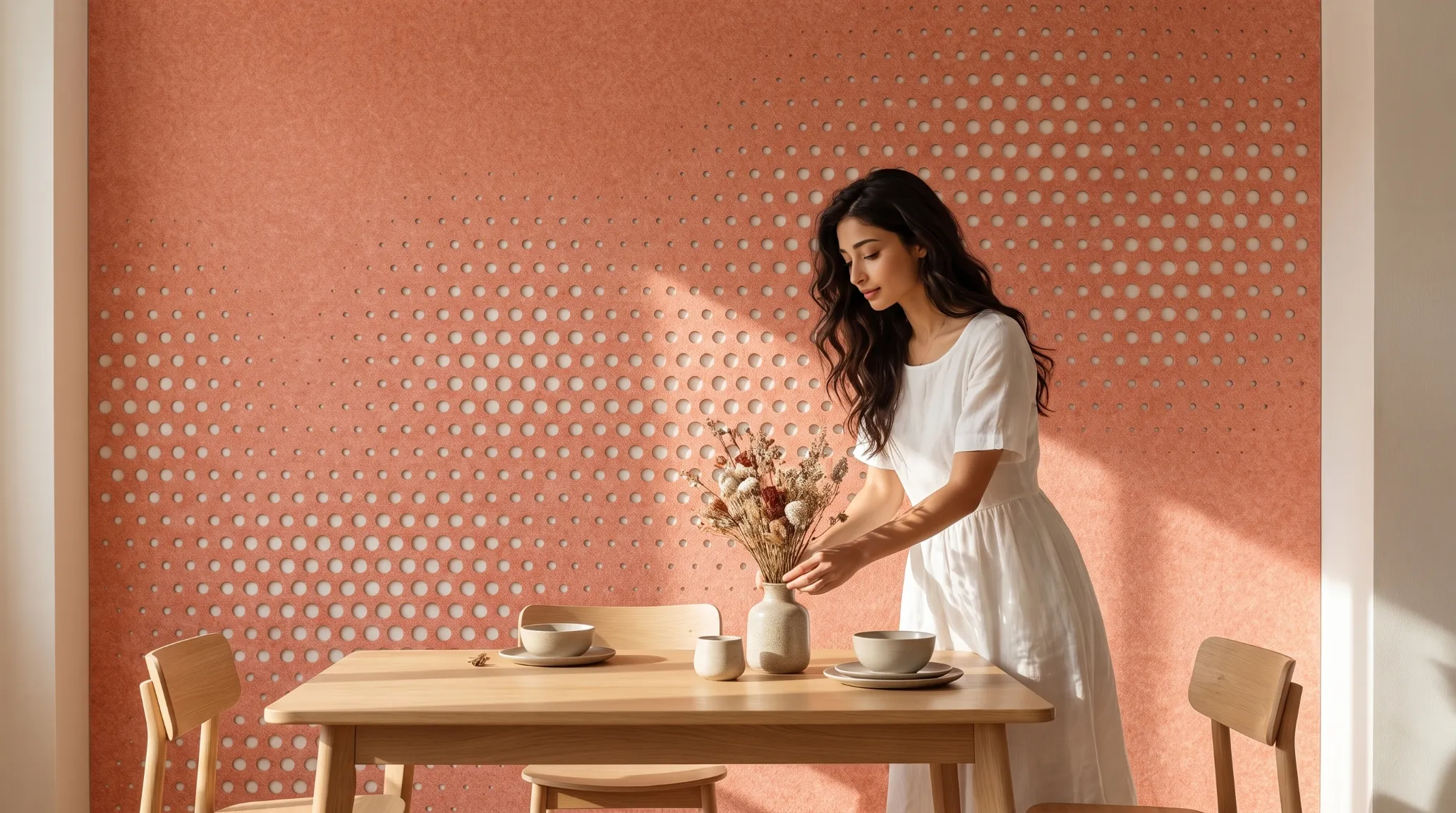Wandbekleding · Terracotta vilt · Eetkamer